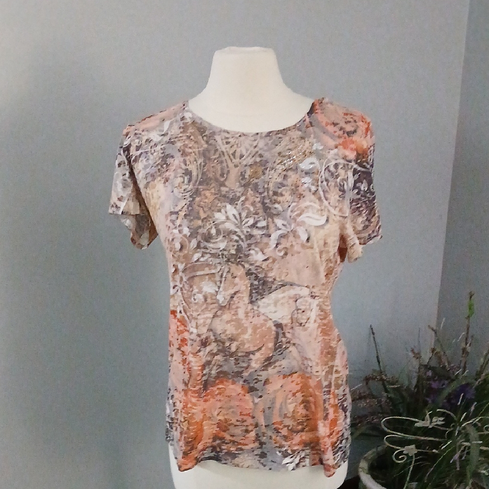 Chic Women's Short Sleeve Top - Orange and Brown